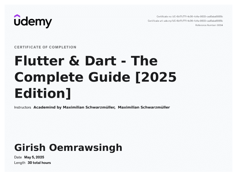 Flutter & Dart - The Complete Guide certificate badge
