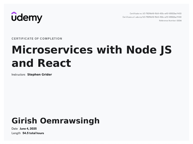 Microservices with Node JS, React, Docker and Kubernetes certificate badge
